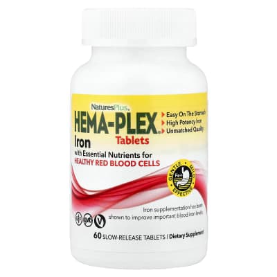 NaturesPlus, Hema-Plex®, Iron with Essential Nutrients for Healthy Red Blood Cells, 60 Slow-Release Tablets