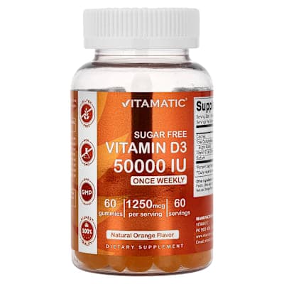 Vitamatic, Vitamin D3 Gummies, Natural Orange, 1,250 mg (50,000 IU), 60 Gummies